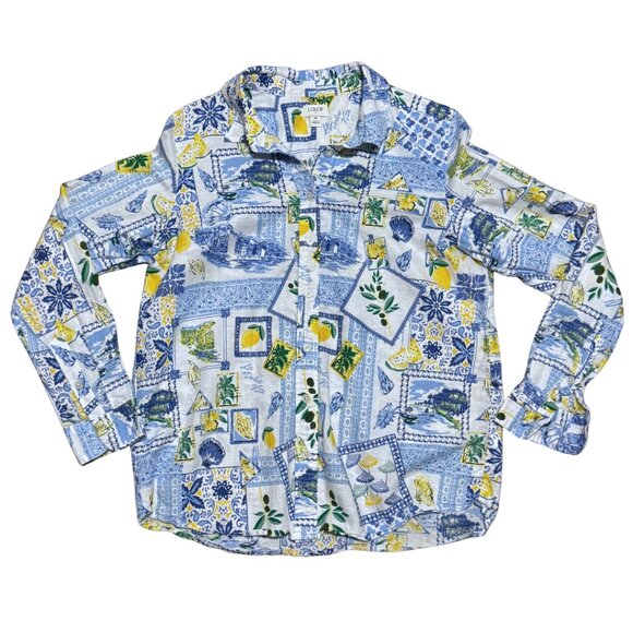 J.Crew “La Dolce Vita” Lemon Print Long Sleeve Linen Button Up Shirt – Size M - Picture 7 of 11